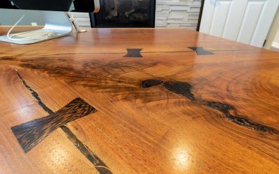 Solid wood live edge desk top detail