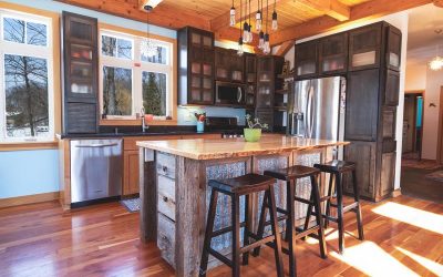 Rustic Kitchen Cabinetry with Reclaimed Barnwood Island and Live Edge Countertop