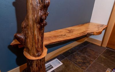 Live edge bench with natural log post - close up