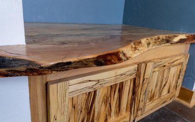 Solid wood live edge storage bench - close up
