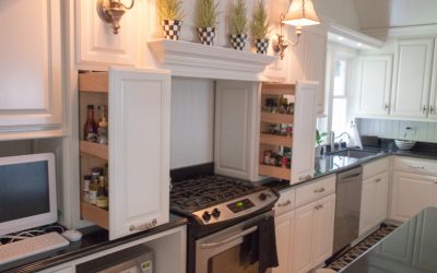 White Custom Kitchen Cabinets - Custom Pull Outs by Stove
