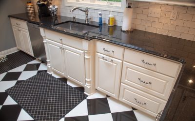 White Custom Cabinets in Checkerboard Kitchen - Base Cabinets