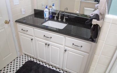 White Custom Cabinets in Checkerboard Bathroom